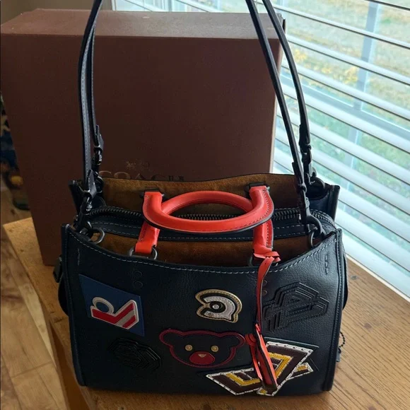 Coach 1941 Varsity Patch Rogue Leather Handbag with Orange Handles and Patches - Picture 2 of 10